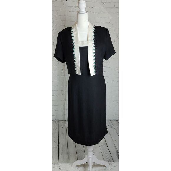 Vintage Dress & Bolero Set Black White Floral Trim Career Cocktail Size M - Picture 1 of 11